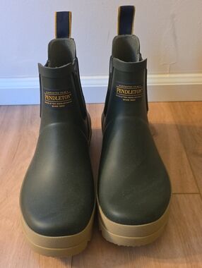 Pendleton Olive Green Chelsea Rain Boots with Tan Sole and Yellow Pull Tabs